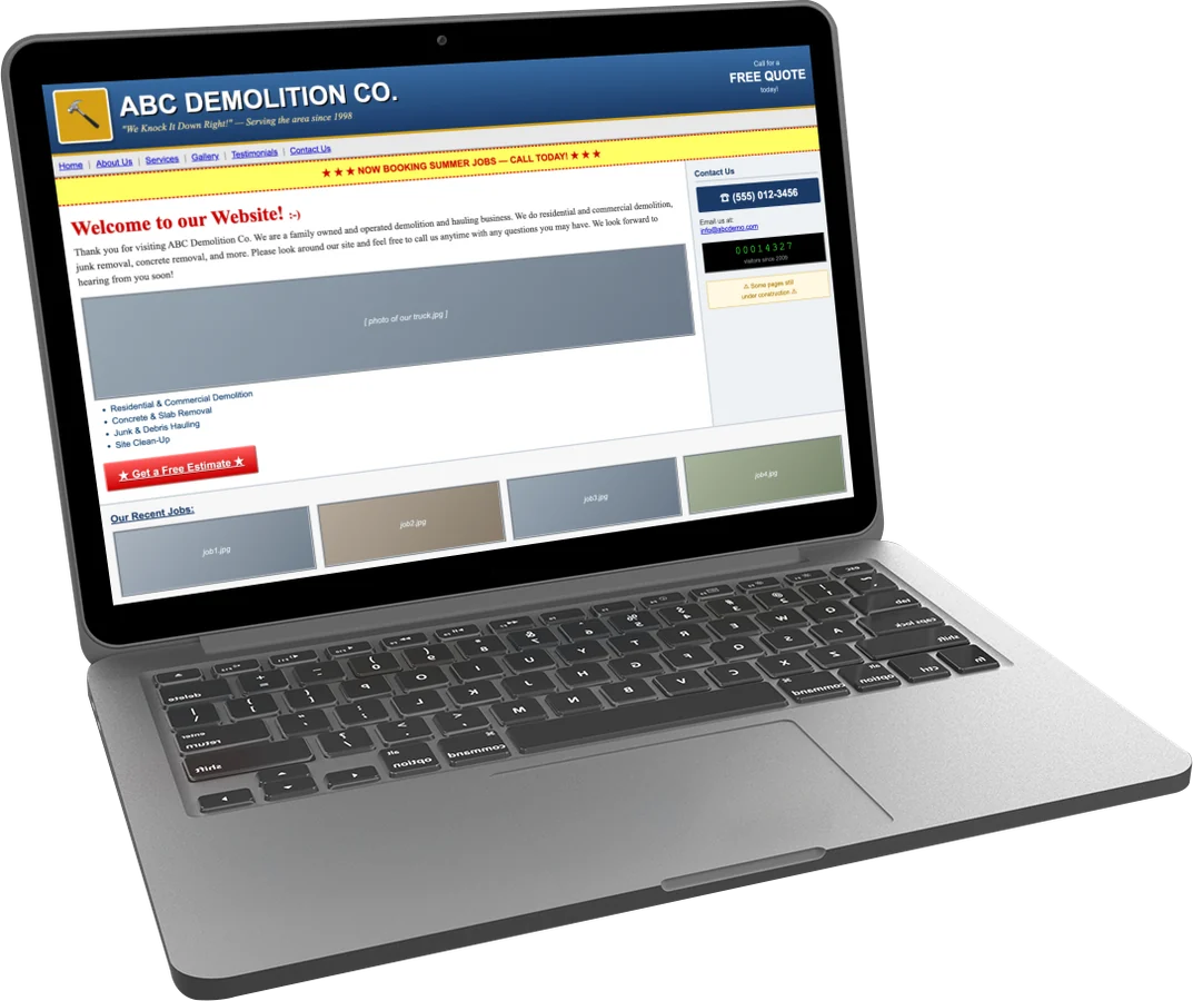 A typical dated small-business website shown on a laptop — slow, cluttered, and invisible to AI