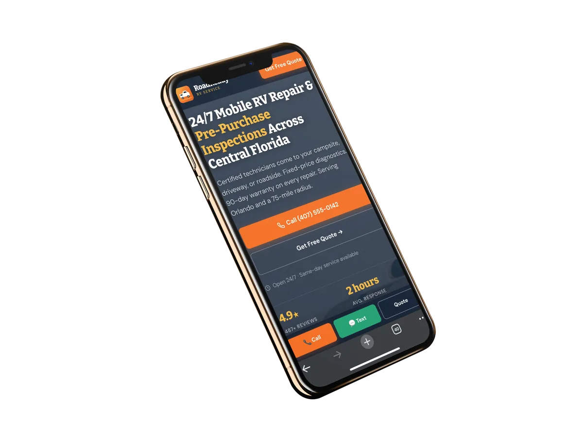 A Kickass-built site shown on mobile — RoadReady RV Service